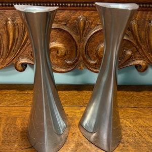 Vintage pair Nambe 595 modernist style candlestick holders 7 inches high