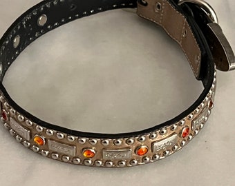 1997 gold leather Woof Wear dog collar size 18 for medium to large dog. Embellished with orange Swarovski crystals in perfect condition.