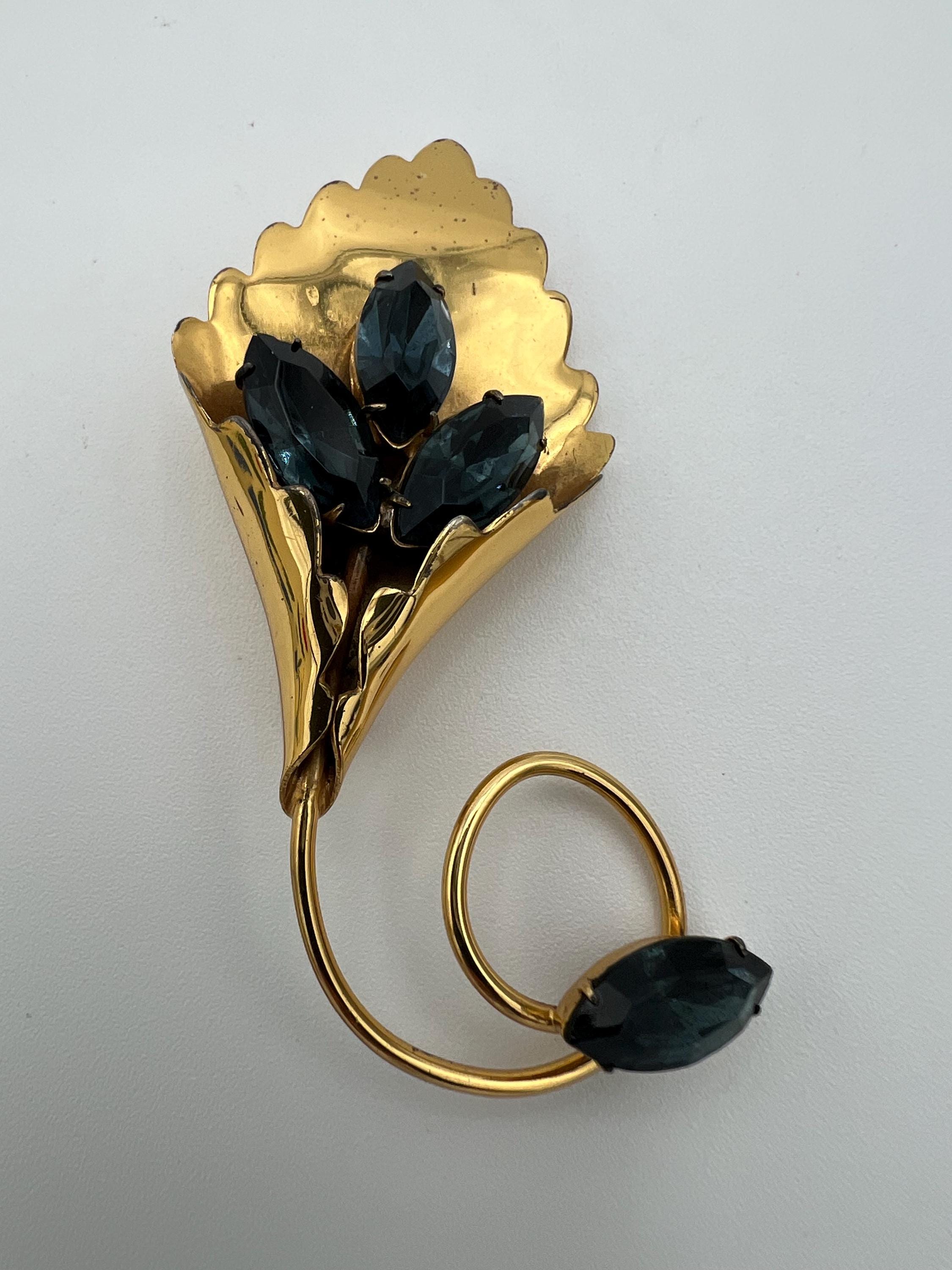 Vintage Sterling vermeil sapphire rhinestone brooch