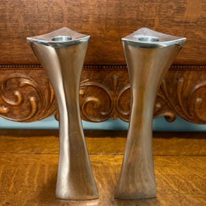 Vintage 1965 pair Nambe 596 modernist style candlestick holders 10 inches high
