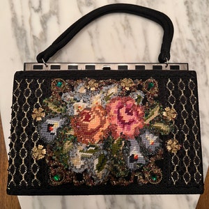 Vintage 1950s Caron of Houston black fabric needlepoint and embellished purse.