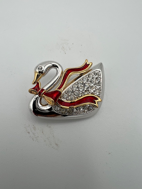 Vintage Swarovski swan red ribbon bow brooch