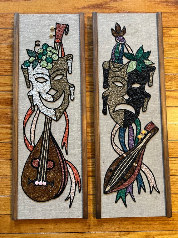 Vintage Mid Century Pair of Gravel Art Comedy Tragedy Wall
