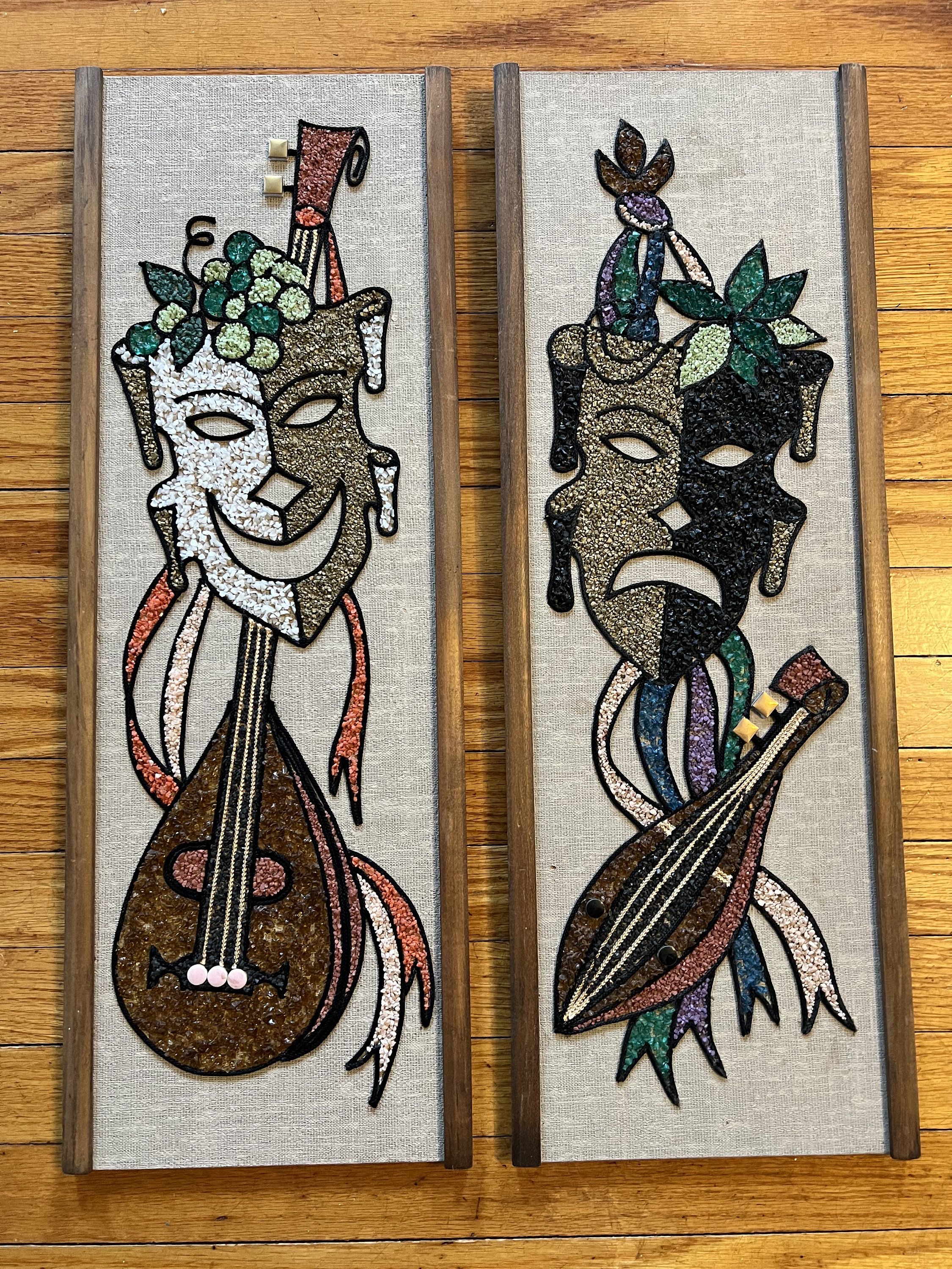 Vintage Mid Century Pair of Gravel Art Comedy Tragedy Wall