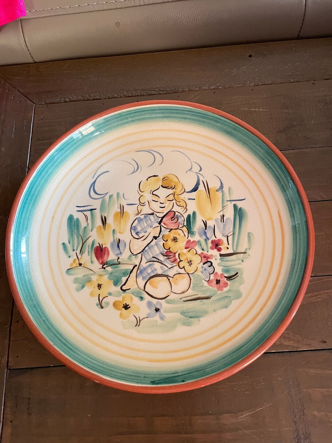 vintage-kupittaan-savi-pottery-plate-or-bowl-girl-with-flowersvintage
