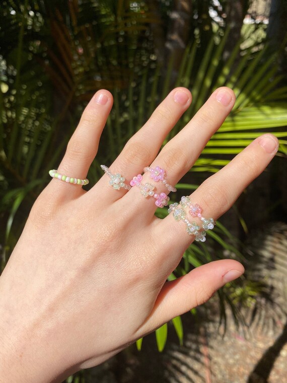 Colorful Beaded Jewelry Spring Time Flower Beaded Ring Dainty Ring