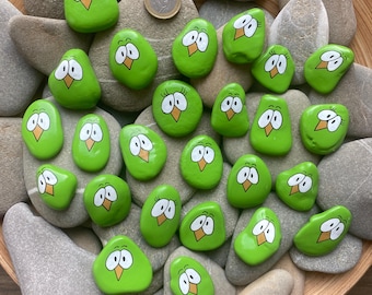 Pierres peintes petits oiseaux vert, acrylique sur pierre, galets, pierre naturelle, pierres décoratives - 1 pièce - Numéro d'article : S045