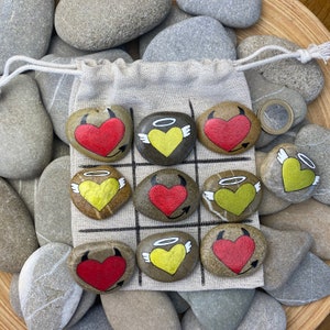 Painted Stones Tic Tac Toe Angel & Devil Hearts including playing surface - hand-painted, acrylic on stone, natural stone, decorative stone - Item No.: S020