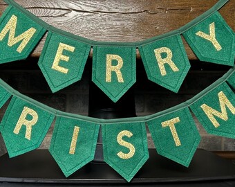 Merry Christmas -Happy Christmas -Happy Holidays -Felt Banner Bunting Made in UK Gold or Silver Glitter Letters