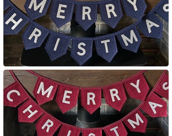 Merry Christmas -Happy Christmas -Happy Holidays -Felt Banner Bunting Made in UK Gold or Silver Glitter Letters