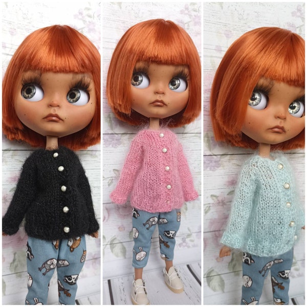 Cardigan noir, rose et menthe pour Blythe, Neo Blythe, Pullip. Tenue pour Blythe. Vêtements pour Blythe.