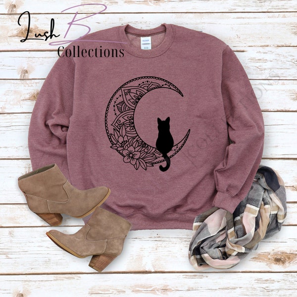 Black Cat on the Moon Sweatshirt, Crescent flower moon, Holiday sweatshirt, Cat Hoodies, Moon shirt, Cat lover, Fall sweater