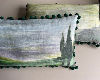 Hand Painted linen Pillow Cushions with Pom- poms and Cushion Pads (SOLD AS PAIR)