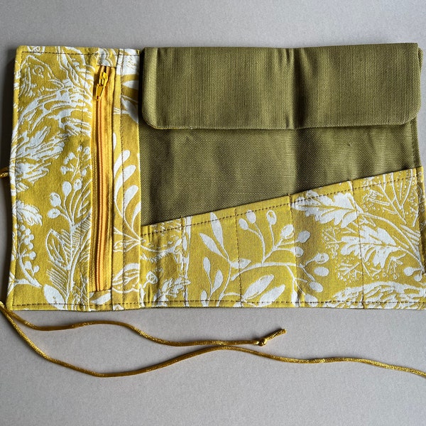 Green & Yellow Woodland Weave Make-up/Artists Brush Roll/Pencil Roll