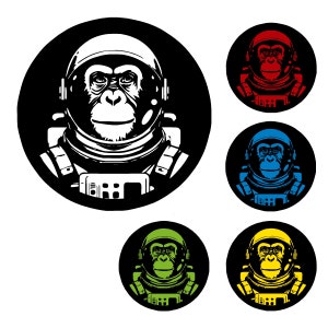 May include: A black and white illustration of a monkey wearing an astronaut helmet. The monkey is wearing a spacesuit with a zipper and a control panel. The illustration is set against a black circle background.