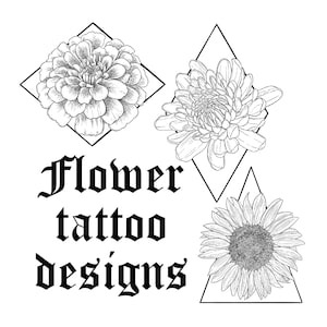 Tattoo design flowers bundle / fineline 3 options tattoo / marigold chrysanthemum sunflower / lined drawing printable art tattoo designs