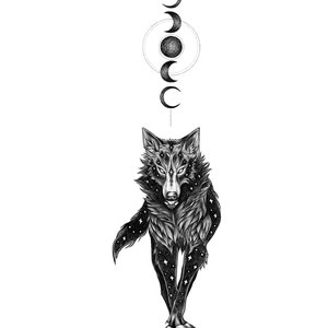 Tattoo design wolf and moon phases | minimalistic wolf lined drawing printable art