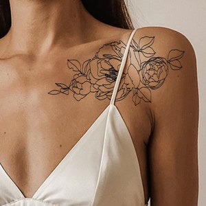 Pivoine de conception de tatouage | Dessin minimaliste bordé de pivoines imprimable
