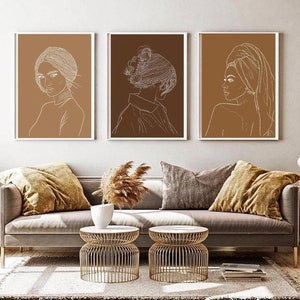 Minimalistic lined brown woman artwork printables | Bundle of 3 art prints | A5, A4, A3, A2 wall decor