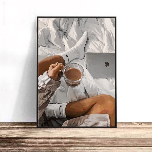 Illustration fille mode café au lit affiche minimaliste | peinture réaliste | impression d'œuvres d'art A5 A4 A3 A2 | couleurs chaudes brunes