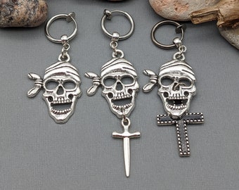 Clip-on skull earring, Silver earring, Men skull earring, Rider earring, Caribbean pirate, Biker skull, Silver pirate, Sailor earring, Gift