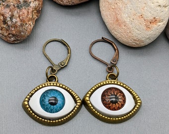 One eye earring, Blue eye earrings, Brown eye earrings, Gift for women, Protective earrings, Earrings against the evil eye, Bronze earring