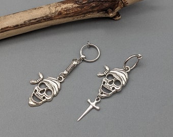 Clip-on skull earring, Silver earring, Men skull earring, Rider earring, Caribbean pirate, Biker skull, Silver pirate, Sailor earring, Gift