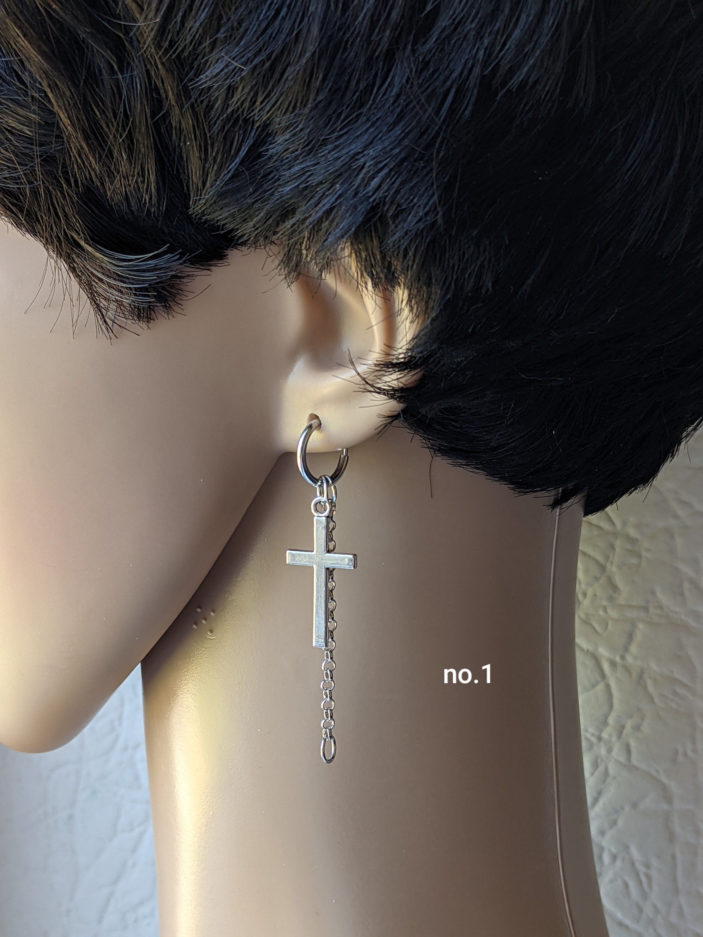 One Clipon Chain Earring With Cross, Men Earrings, Dangling Chain, Cross Chain Earring, Chain