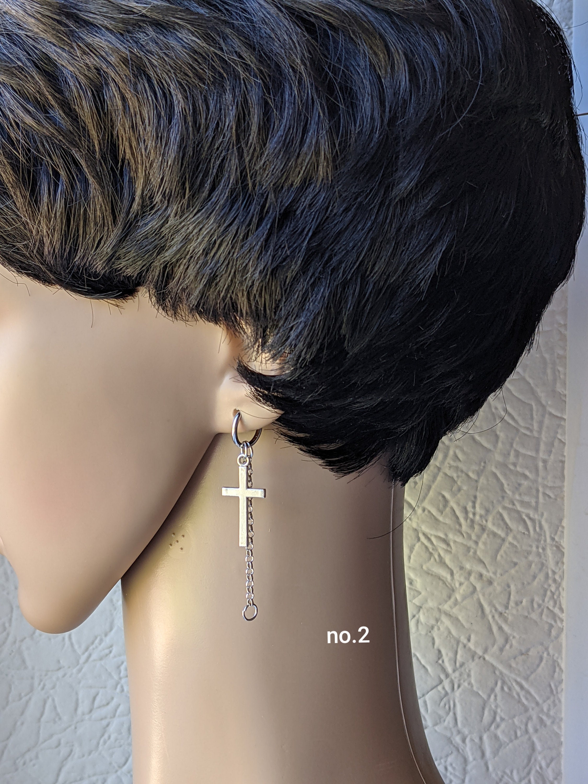 One Clipon Chain Earring With Cross Men Earrings Dangling Etsy