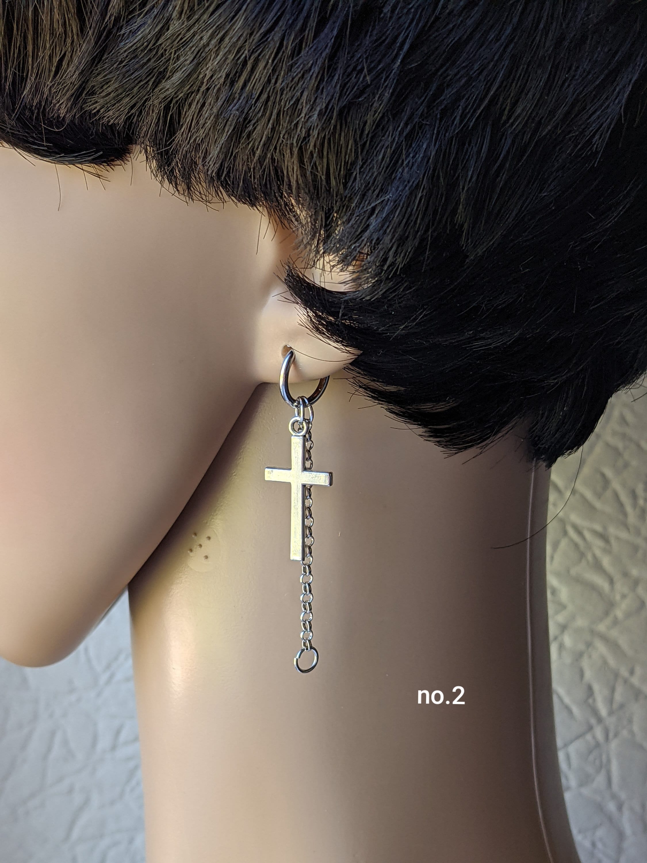 One Clipon Chain Earring With Cross Men Earrings Dangling Etsy