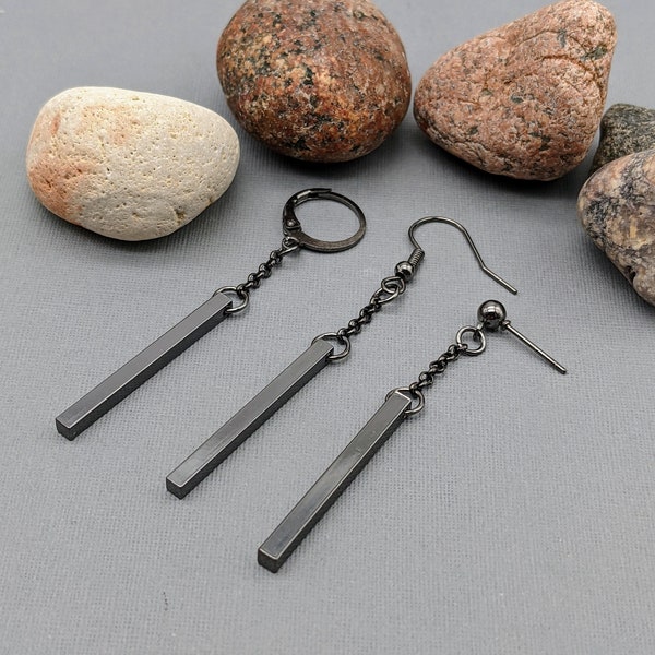 Men stick dangle, stick earring, one stick earring, chain earring, one bar earring, men bar earring, silver color stick, gift idea, for him