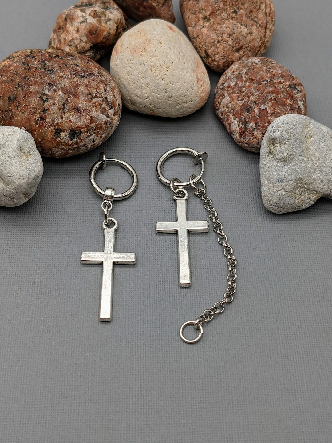 One Clipon Chain Earring With Cross Men Earrings Dangling Etsy