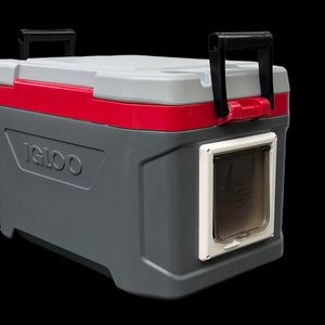 May include: A gray and red Igloo cooler with a white pet door on the side. The cooler has a black handle on the top.