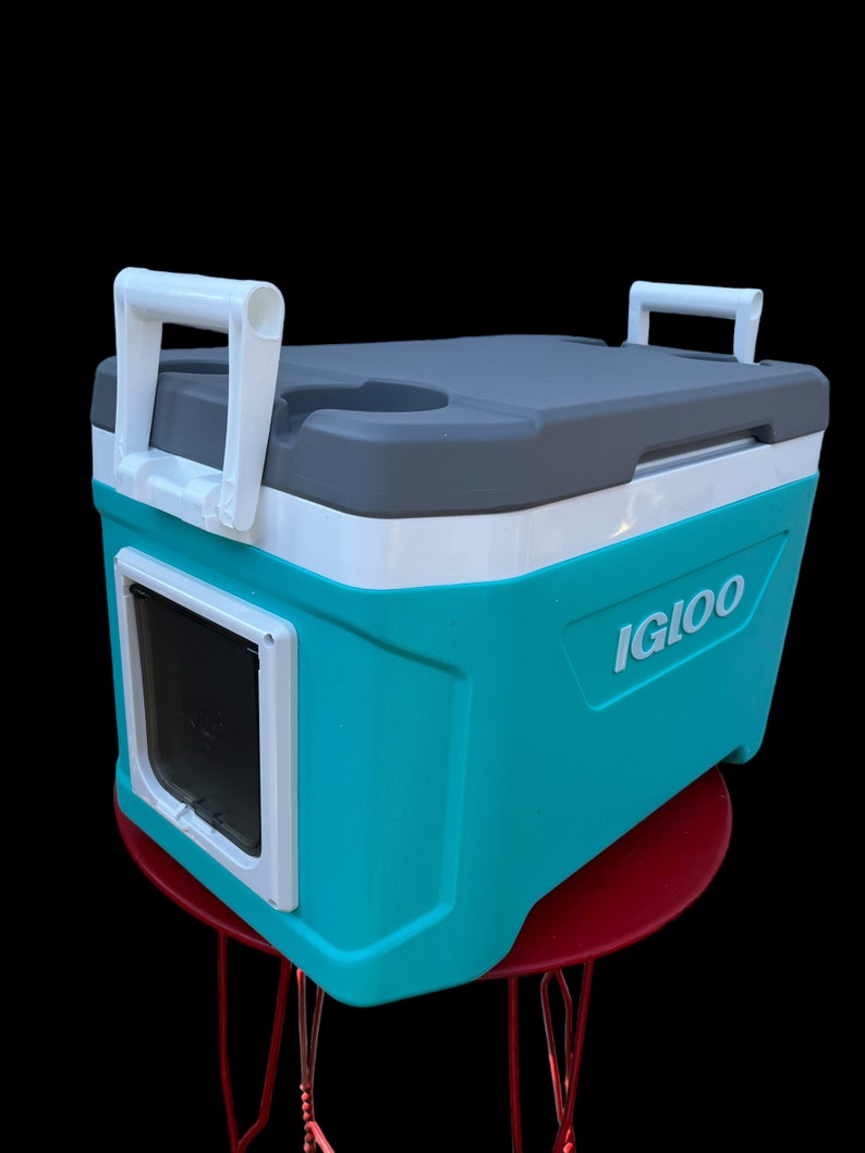 K&ouml;nnte beinhalten: Eine t&uuml;rkisfarbene und wei&szlig;e Igloo-K&uuml;hlbox mit einem grauen Deckel und einer integrierten Haustierklappe. Die K&uuml;hlbox hat zwei wei&szlig;e Griffe und einen Getr&auml;nkehalter auf dem Deckel.