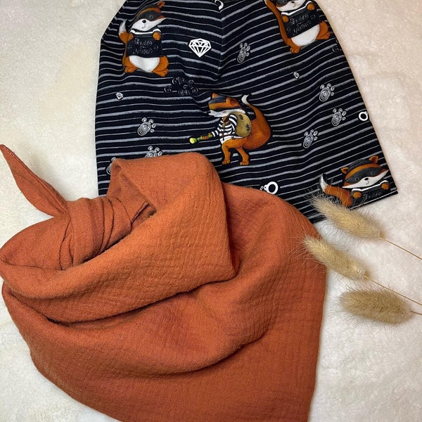Set beanie reversible beanie hat little crook & muslin cloth terra triangular scarf children's organic cotton jersey black fox