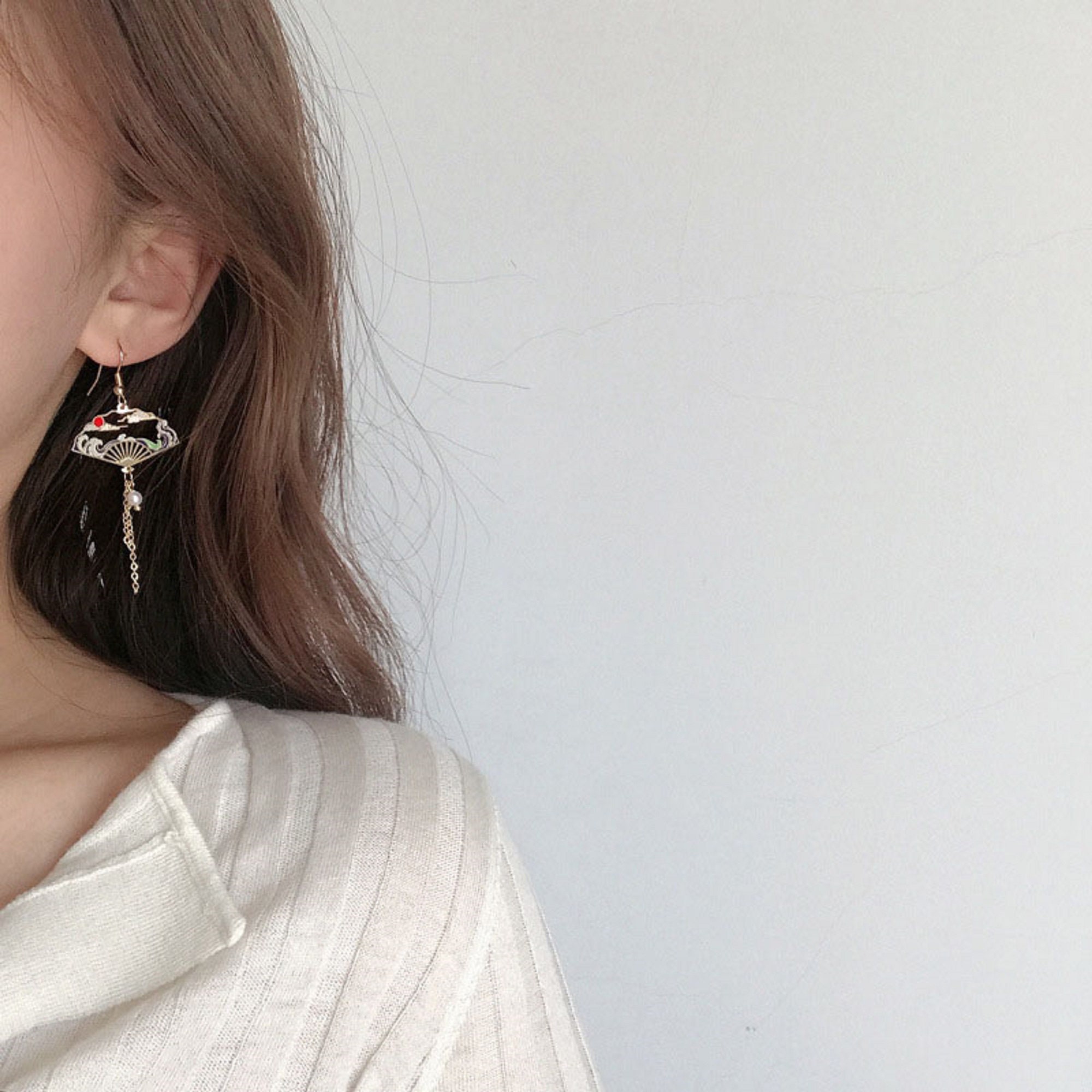 Chinese ancient fan earrings Japanese style tassel pearl long | Etsy