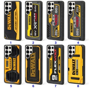 May include: A collection of black and yellow phone cases featuring the DEWALT brand logo and designs. Each case has a different design, including battery-inspired graphics and the FLEXVOLT logo. The cases are designed for a Samsung phone.
