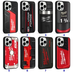May include: A collection of eight black and red phone cases with the Milwaukee logo. Each case features a unique design, including text such as "REDLITHIUM FORGE" and "PACKOUT". Some cases have a textured appearance.