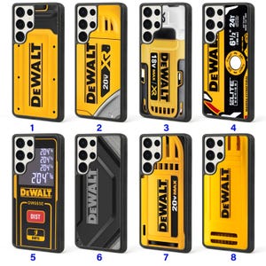 May include: A collection of eight black phone cases with yellow and black designs. Each case features the "DEWALT" logo and various tool-related graphics, including a measuring device and battery packs. The cases are designed for a smartphone.