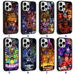 May include: Eight black phone cases with colorful designs featuring characters and the title "Five Nights at Freddy's." Each case has a different design, including images of the characters, the game's logo, and scenes from the game.