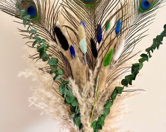 Large 60cm or 90cm Pampas bouquet with Peacock feathers | large dried flowers | dried flower arrangement | new home