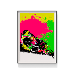 May include: A colorful abstract art print featuring a race car with a black, yellow, green, and red design. The car is partially obscured by a pink and green splatter paint background.