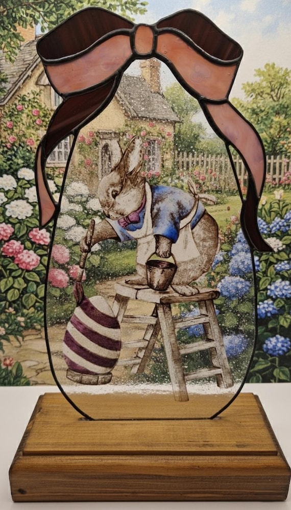 Stained Glass suncatcher: Peter Rabbit painting an Easter egg, window decoration