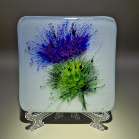 Unique, hand painted, fused glass thistle coaster