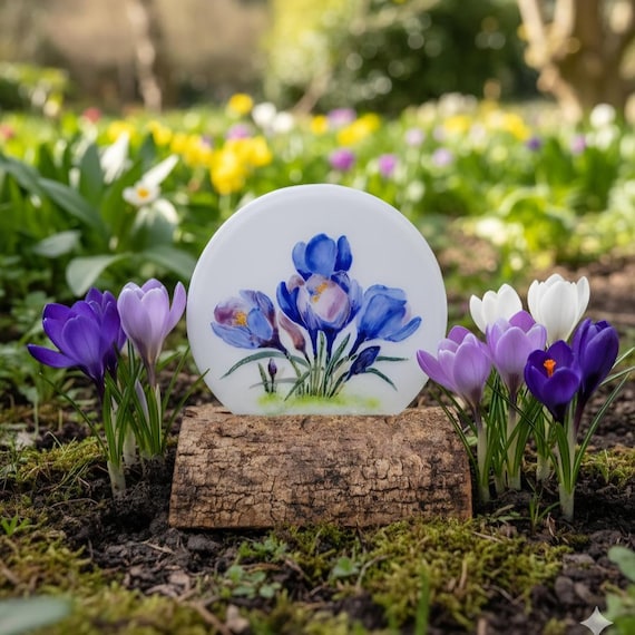 Fused Glass suncatcher: Hand painted crocuses set in a branch, window or table top decoration