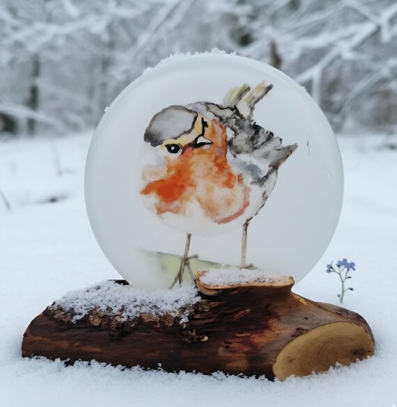 Fused Glass suncatcher: Hand painted Robin on a branch, window or table top decoration