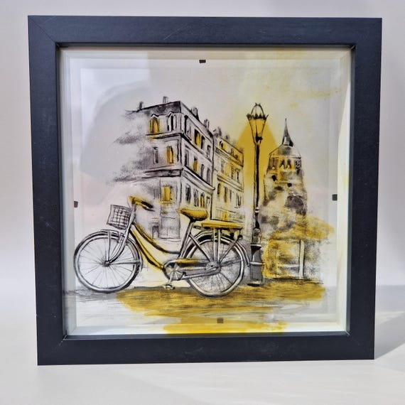 Hand-Painted Glass Art: Paris Street Scene, Yellow Silver Stain Cyclist Cityscape