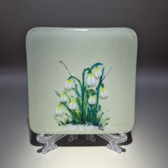 Unique, hand painted, fused glass snowdrop coaster