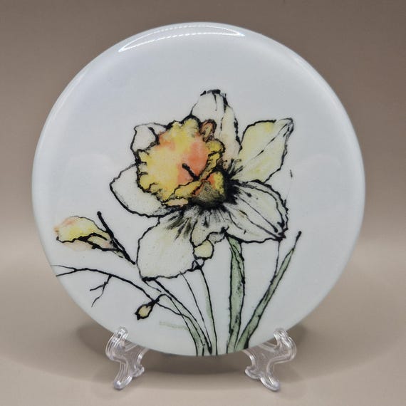Unique, hand painted, fused glass daffodil coaster