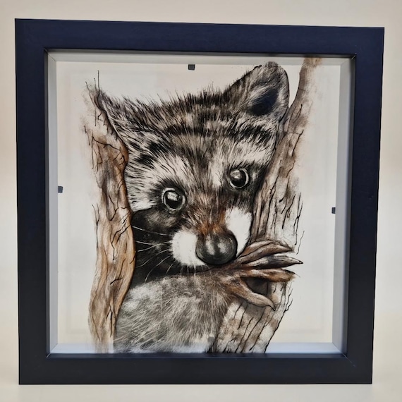 Hand-Painted Glass Raccoon Art – Whimsical Woodland Animal Decor, Framed Nature Wall Art